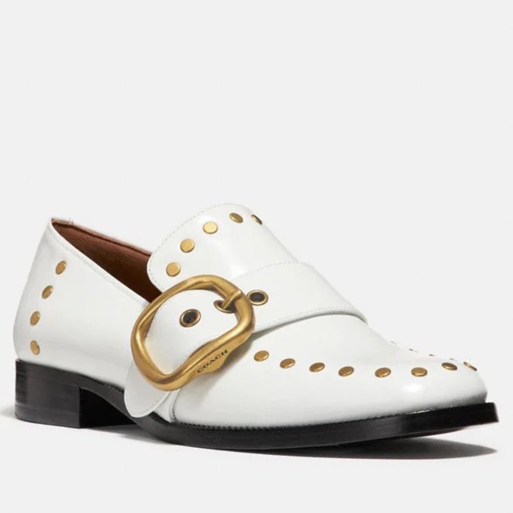 Coach White Leather Alexa Studded Loafers 7
